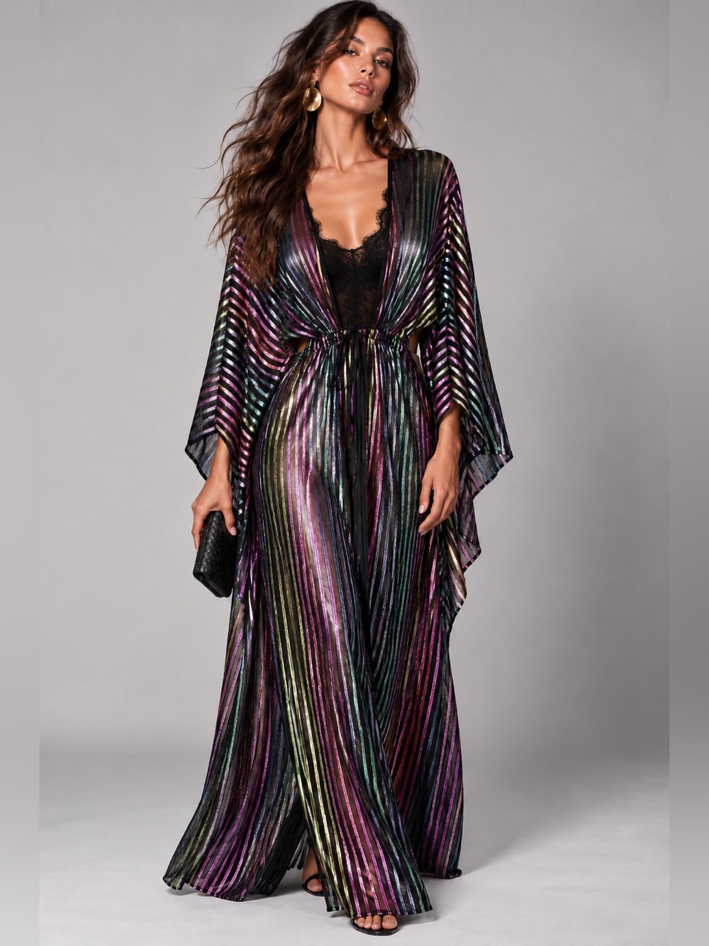 TAMO Design L Metallic Rainbow Stripe Sheer Maxi Duster Kimono Festival